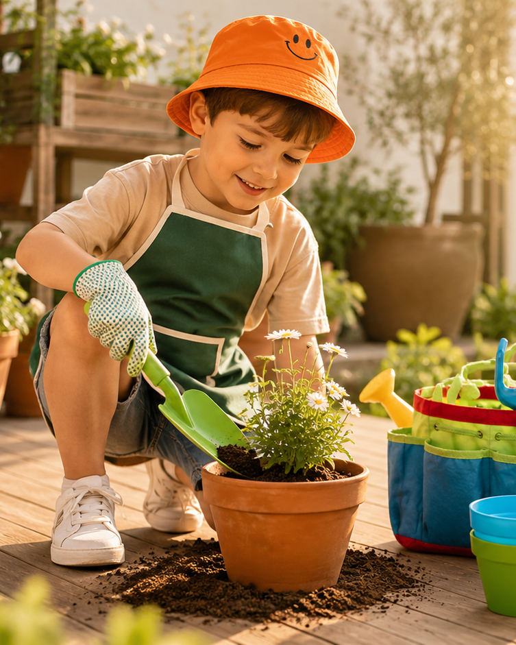 3 étapes. Un enfant dehors. Des légumes qui poussent.